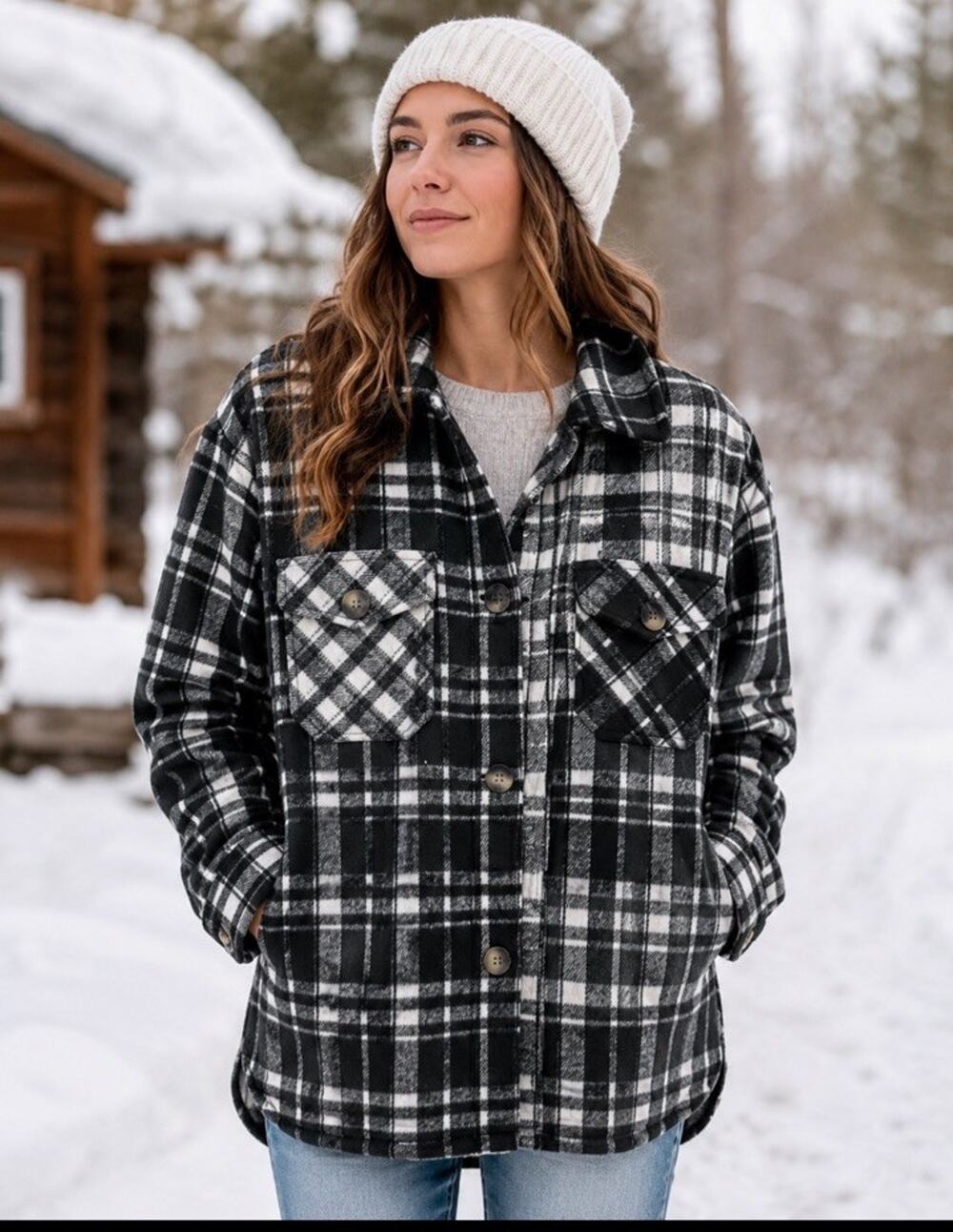 Westbound Wool Blend Black & White Plaid Button Up Women’s Jacket Sz M Warm